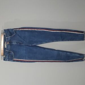 Zara Jeans Womens Size 6 Blue White Glittery Red Side Stripes Raw Cut July 4th
